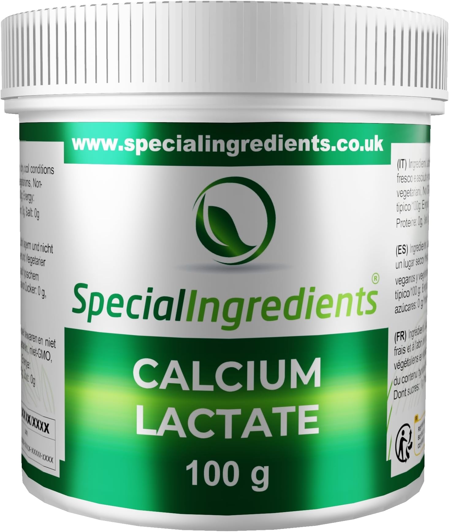 Calcium Lactate Powder 100g Premium Quality - Vegans & Vegetarians, Non-GMO, Gluten Free - Recyclable Container