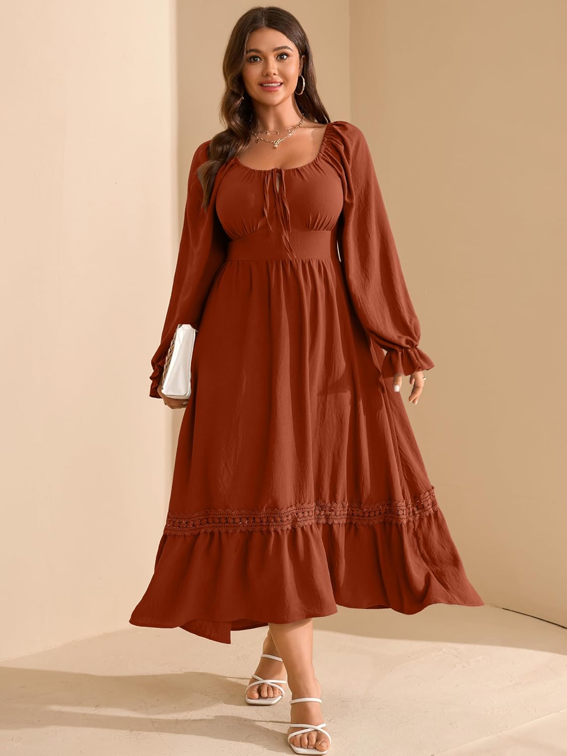 RWJ Women's Plus Size Fall Dresses Long Sleeve Square Neck Flowy Lace Trim Flutter Wedding Guest Party Casual Dress - Image 2