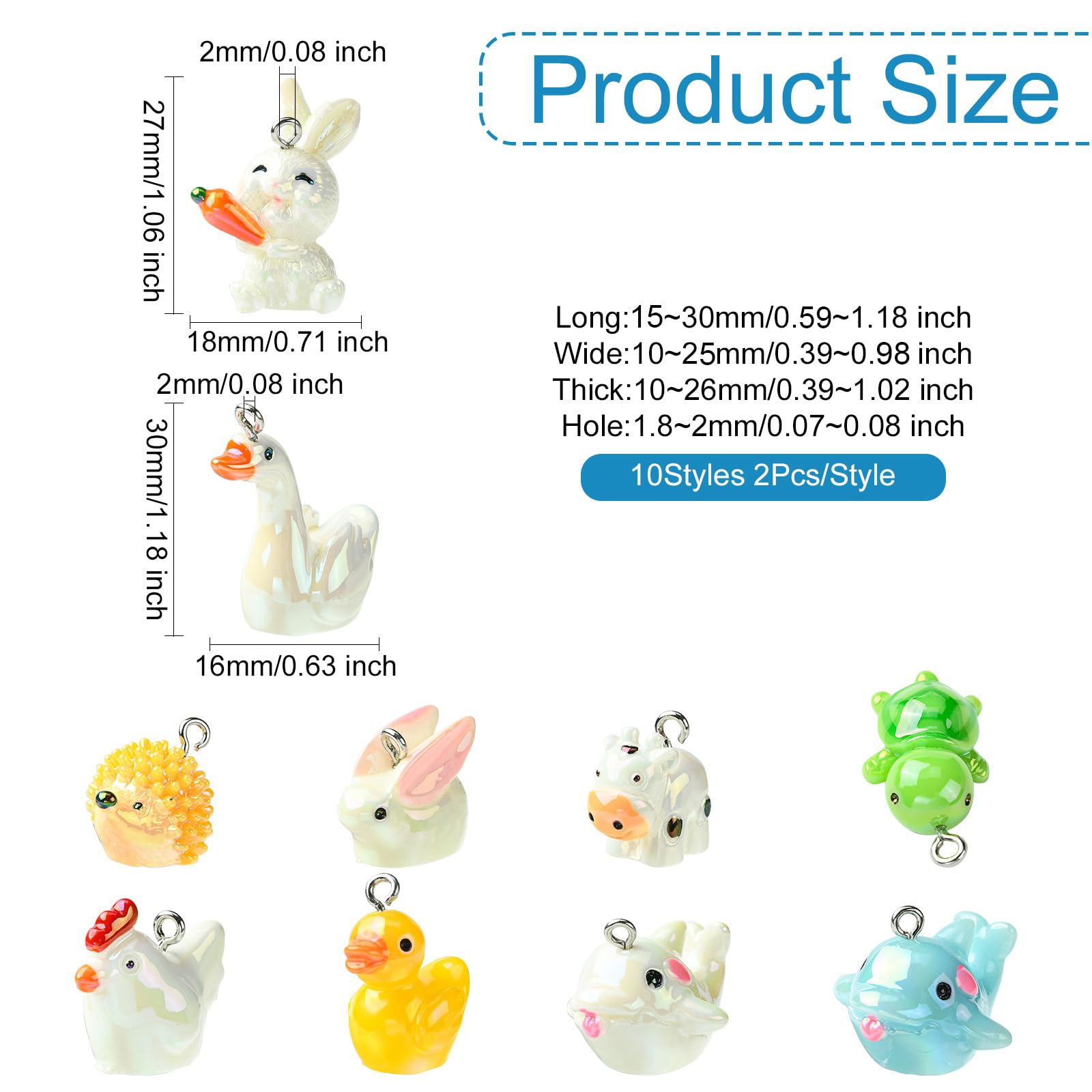 UR URLIFEHALL 20 Pcs 10 Styles Resin Animal Charms 3D Duck Rabbit Turtle Charms for DIY Jewellery Making Keychain Crafts Phone Straps - Image 2