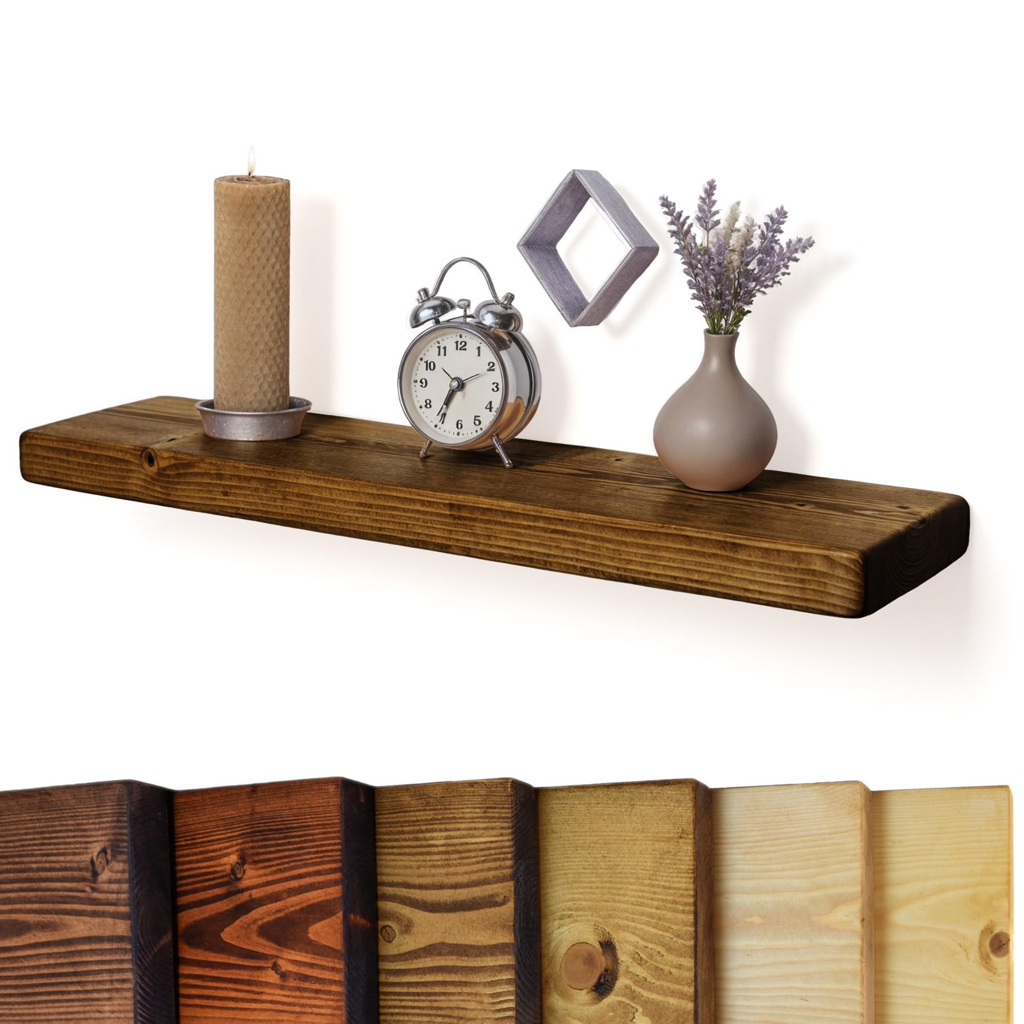 Chill House Flat Rustic Floating Shelf 12x2 inches, 90cm long - Tudor Oak Finish Reclaimed Wood Floating Shelves for Wall Decor, Rustic Wooden Shelves for Bedroom, Living Room, Kitchen, or Bathroom — image 1