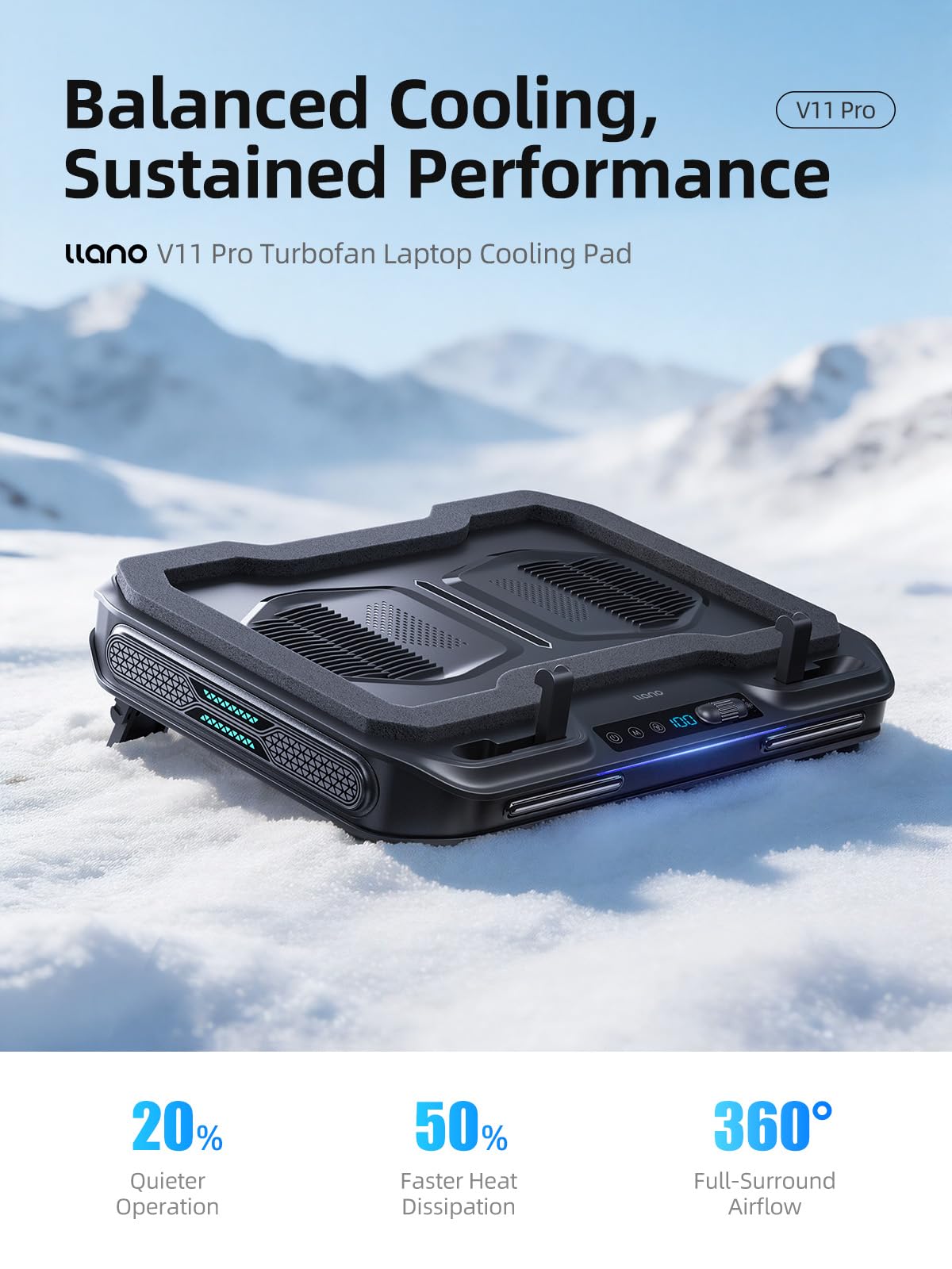 llano V11 Pro Base raffreddante per laptop, supporto di raffreddamento con turboventola da 4,7 pollici, per notebook da 14 a 17,3 pollici, velocità regolabile, antipolvere, hub USB a 3 porte, Nero