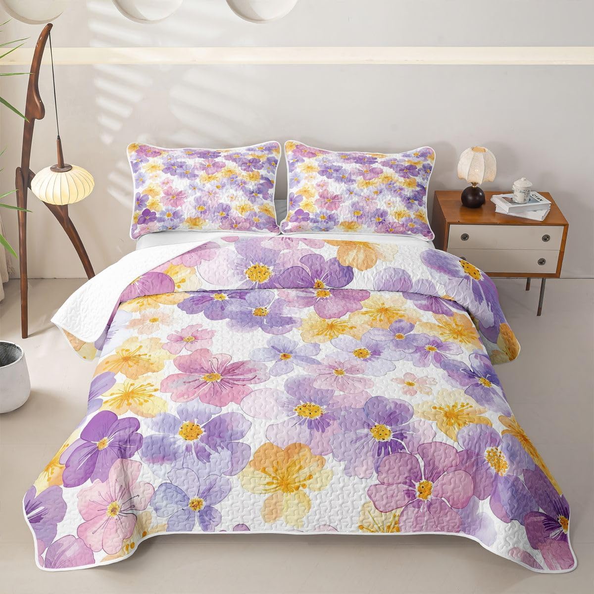 Feelyou Purple Yellow Flower Painting Quilt Set Queen Size Kids Boys Girls