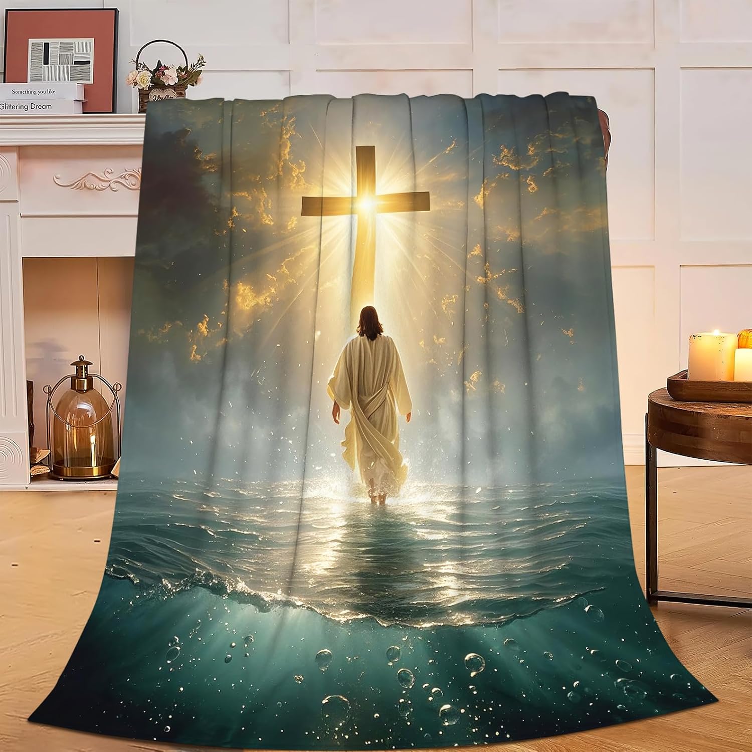 Jesus Christian Throw Blanket Jesus Walking on Water Fleece Blanket Christ Cross Religious Soft Cozy Fuzzy Plush Warm Stuff Bedding Blankets Gifts for Boys Girls Kids Adult Men Women 40"X50"