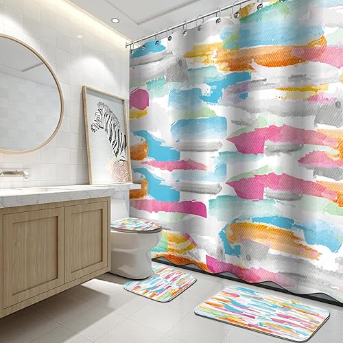 Miniatura 8 de Lnond Juego de 4 cortinas de ducha de baño con alfombras, azul cielo y blanco gris y gris con pintura abstracta para baño, con cortina de ducha y