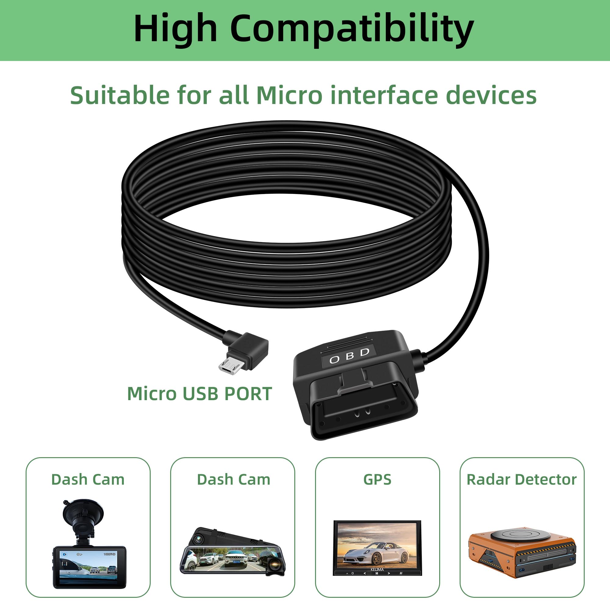 Kabel OBD na USB DashCam, Recto Micro USB do OBD2 Adapter przewodowy ze złączem przełącznika przyciskowego Kompatybilny z pojazdami elektrycznymi (11,5 ft/3,5m, Mirco R)
