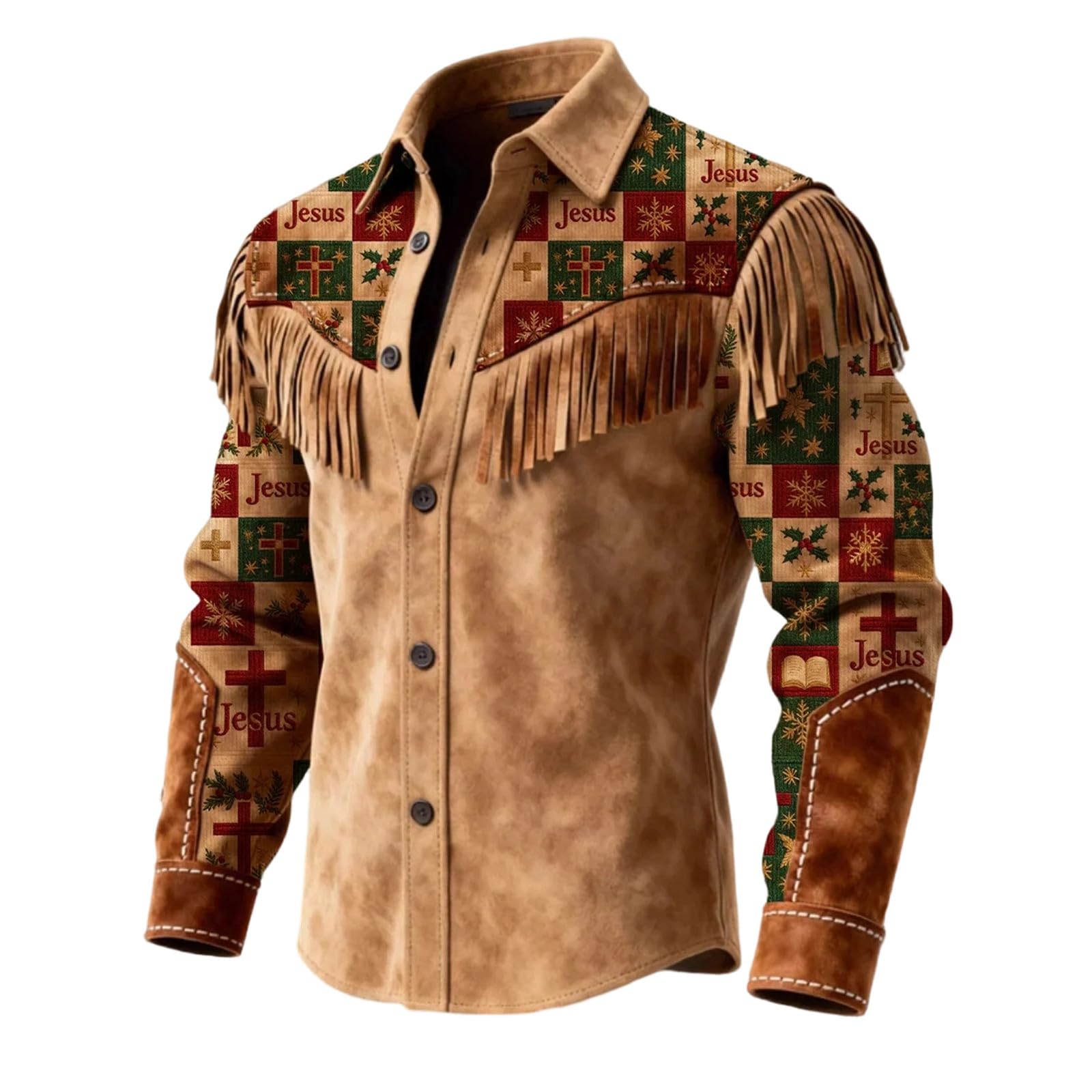 Caxndycing Cowboy Outfit Men's Western Cowboy Shirts Suede Colourful Fringe Jacket Long Sleeve Button Down Long Sleeve Work Shirts Fringe Shirt Hippie Jacket Cowgirl Outfits, 01 Brown, M