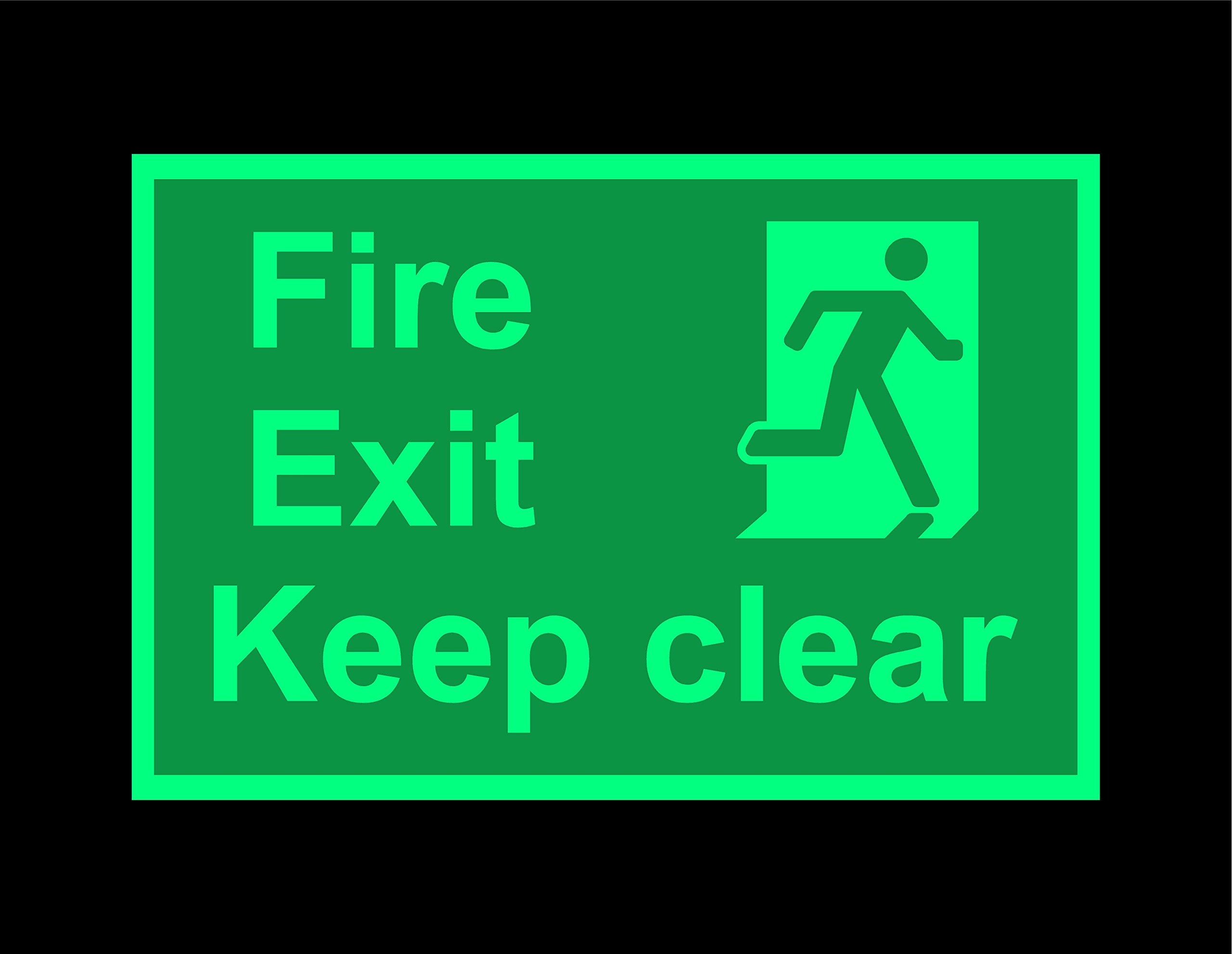 Fire exit keep clear safety sign - 300mm x 200mm 1.2mm Photoluminescent rigid plastic with self adhesive backing