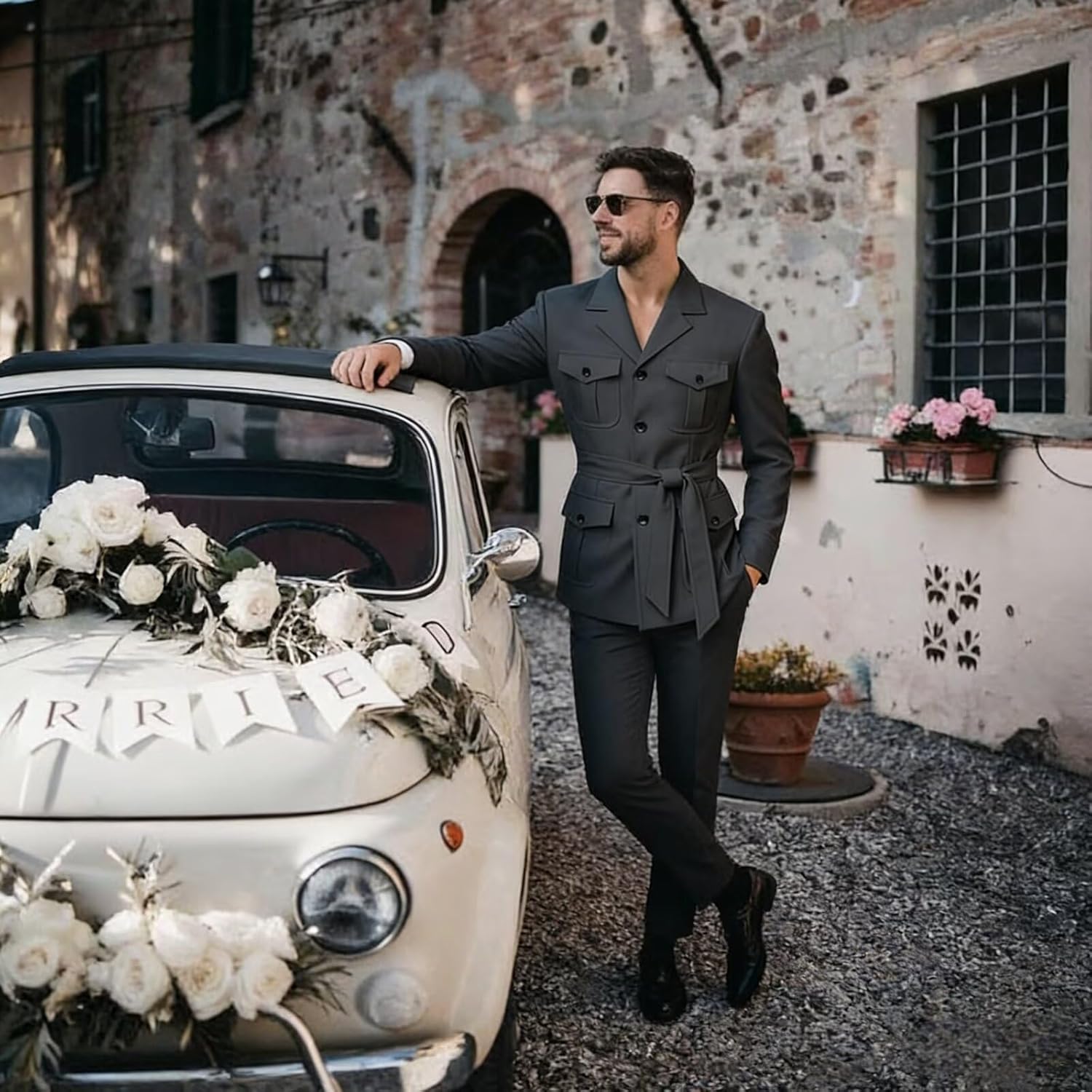 Mens Safari Suits Regular Fit Casual 2 Piece Suits for Men Business Mens Suit Multi Pocket Blazer with Belt Jacket Pants Set