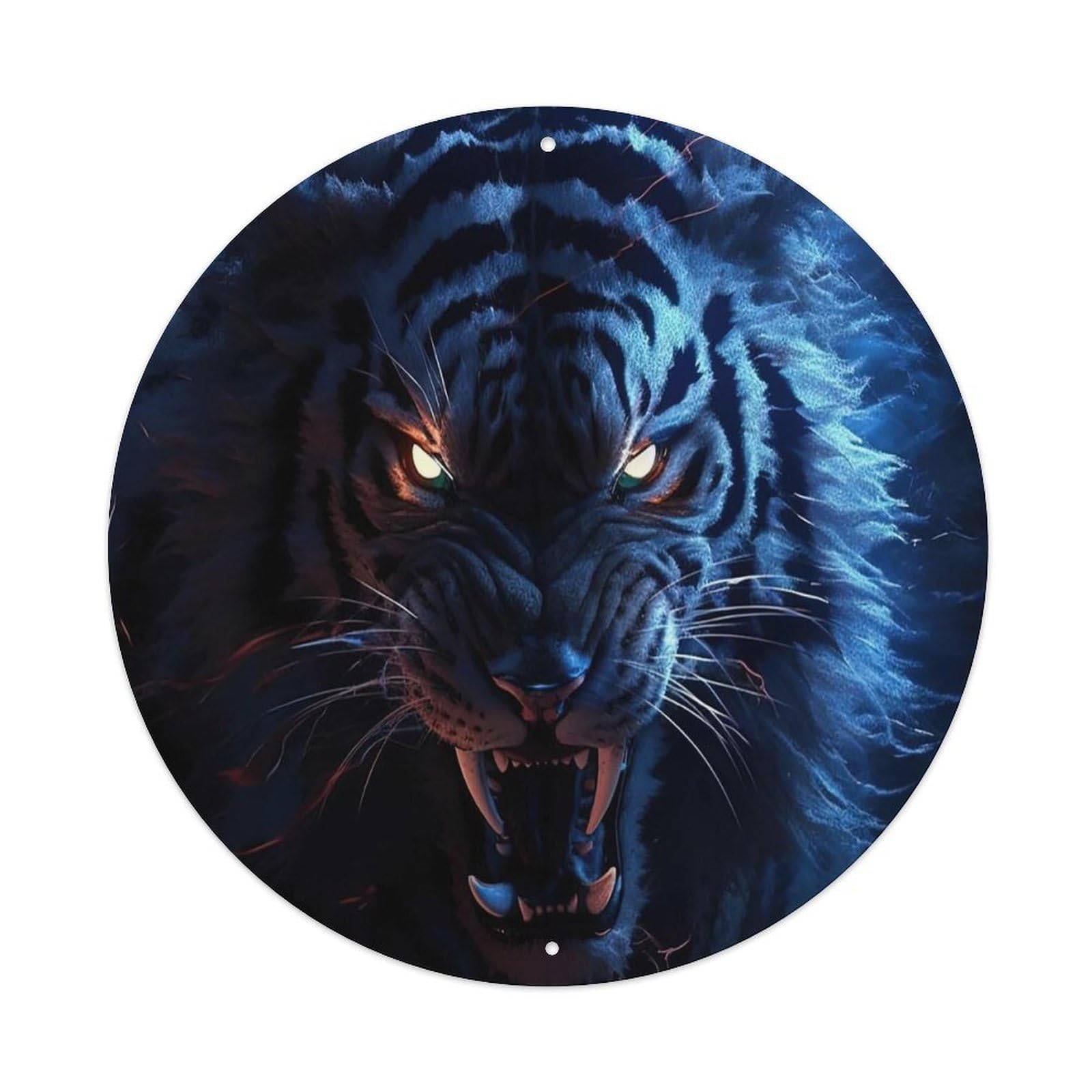 Animal Art Poster White Tiger with Glowing Eyes Vintage Metal Tin Sign Plaque Wall Decor for Cafe, Club, Garden Round Metal Poster 8x8Inch
