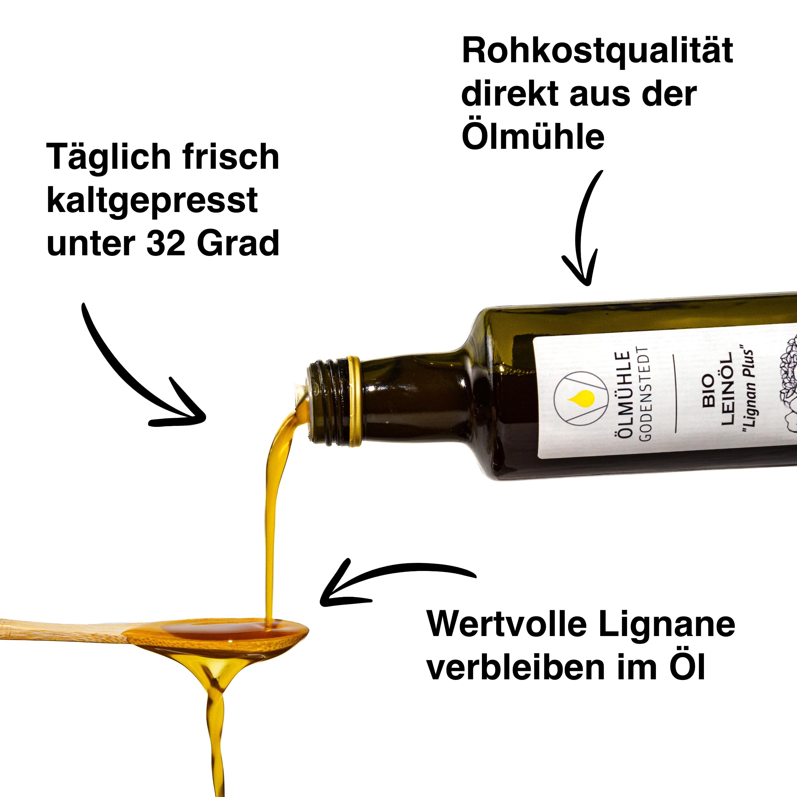 Bio Leinöl "Lignan Plus" 1000ml (2x500ml) | stets frisch kaltgepresst aus Bio Leinsaat, milder Geschmack | mit Öko-Strom in Deutschland hergestellt, direkt aus der Ölmühle Godenstedt - kurze Wege