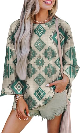 Women Ethnic Floral Graphic Shirt Fashion Long Sleeve Crewneck Tops Spring Casual Dressy Pullover Shirts Loose
