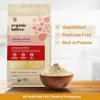 Organic Tattva Chickpea Flour, 3 lbs, Gram Flour (Besan), USDA Certified | Natural Plant Based Protein & Fiber, Vegan, Non GMO, No Additives, Kosher, Ideal for Cooking, Baking & Frying, Batters
