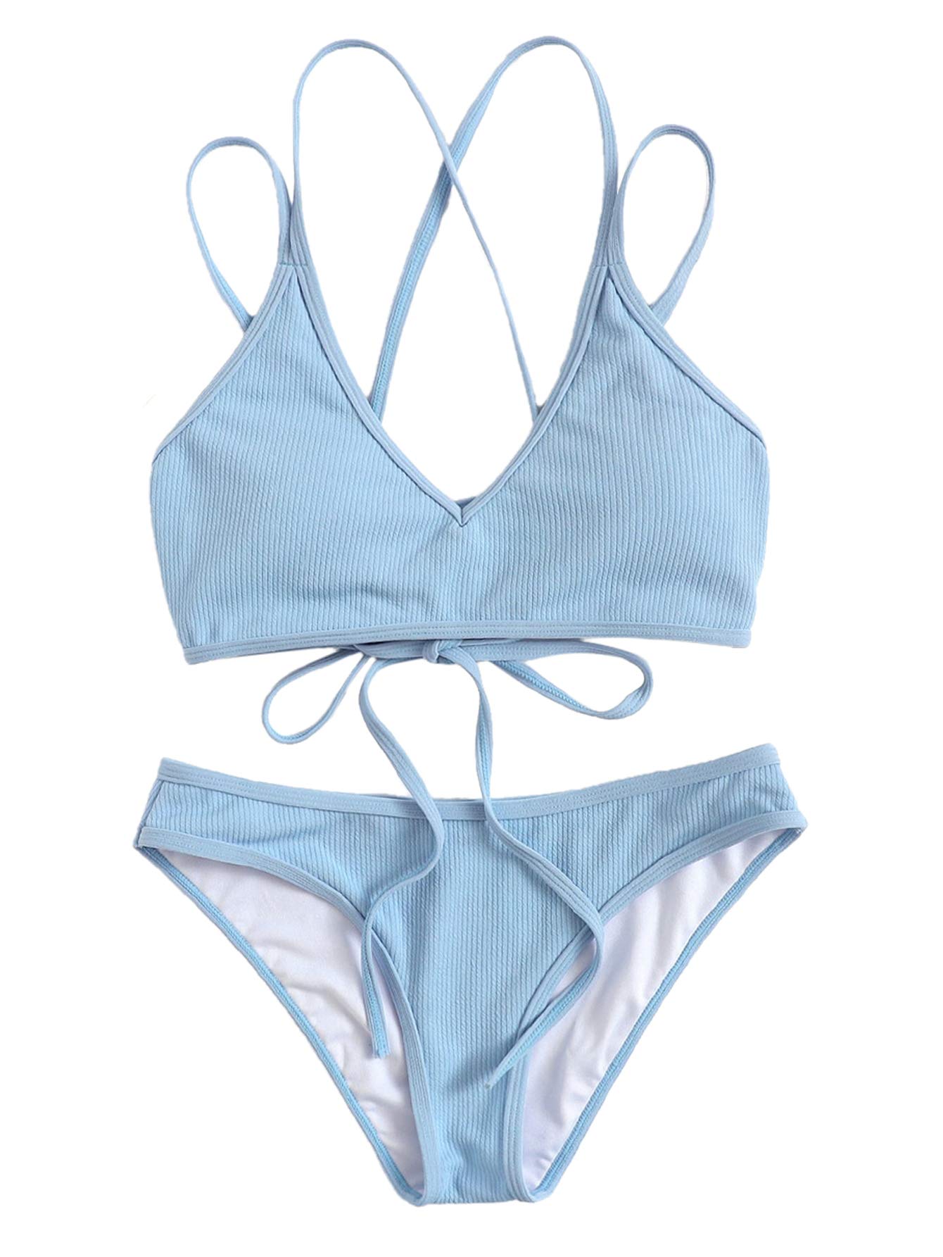 SweatyRocks Women's Bathing Suits Spaghetti Strap Criss Cross Back Bikini Ribbed Swimsuit