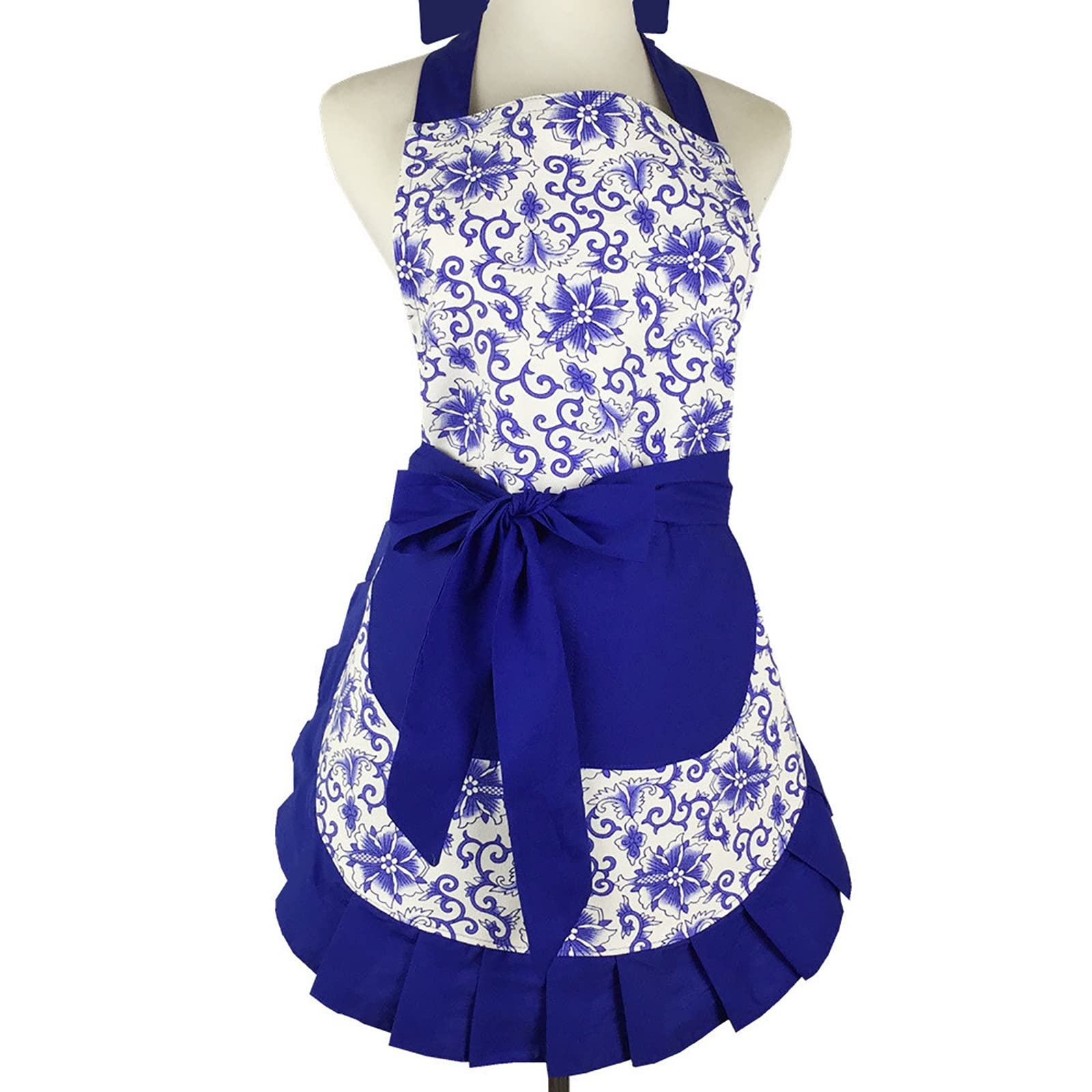 Jolis Tabliers Tablier en toile coton imprimé porcelaine bleu et blanc grand tablier à lacets de poche pour la Cuisine la Pâtisserie et le Jardinage