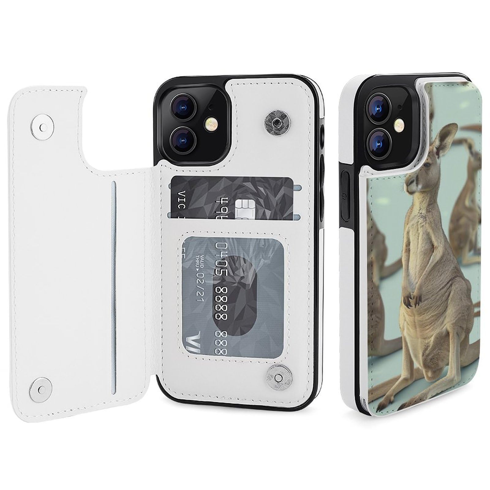 Fundas tipo cartera para iPhone 12, divertidas impresiones de zoológico de canguro, funda de piel con ranuras para tarjetas