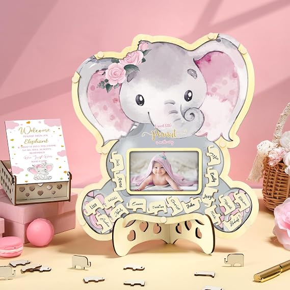 Wenqik 63 Pcs Pink Elephant Baby Shower Guest Book Alternatives Set Baby Shower Decorations with Photo Frame Sonogram Frame Keepsake 60 Wood Slices Guest Book for Birthday
