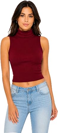 Womens Ribbed Sleeveless High Turtleneck Fitted Knit Crop Tank Top