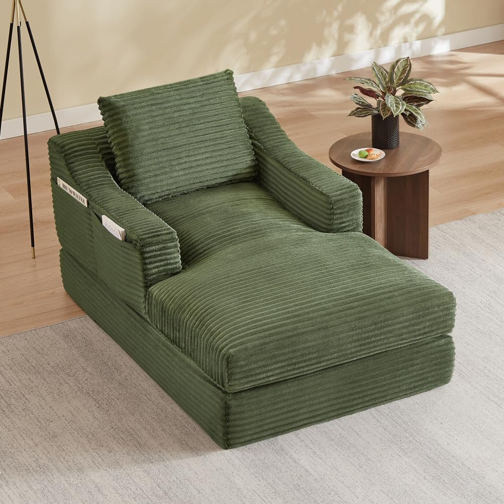 XINGNING Divano lounge in velluto a coste, sedia singola, design doppio, espandibile per letto, per soggiorno, camera da letto (verde + schiuma + 1 posto)