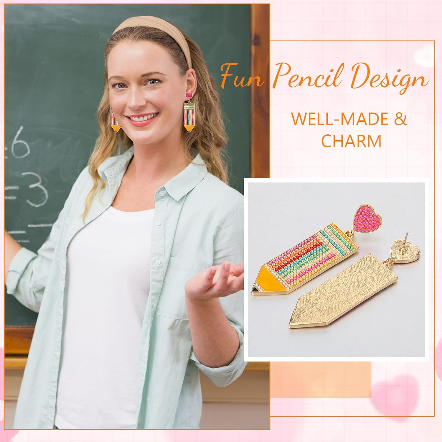 Batiyeer 12 Pairs Christmas Teacher Earrings for Women Pencil Earrings Christmas Gifts Teacher Appreciation Gifts Artist Painter Creative Rainbow Love Heart Acrylic Dangle Set(Rainbow) - Image 5