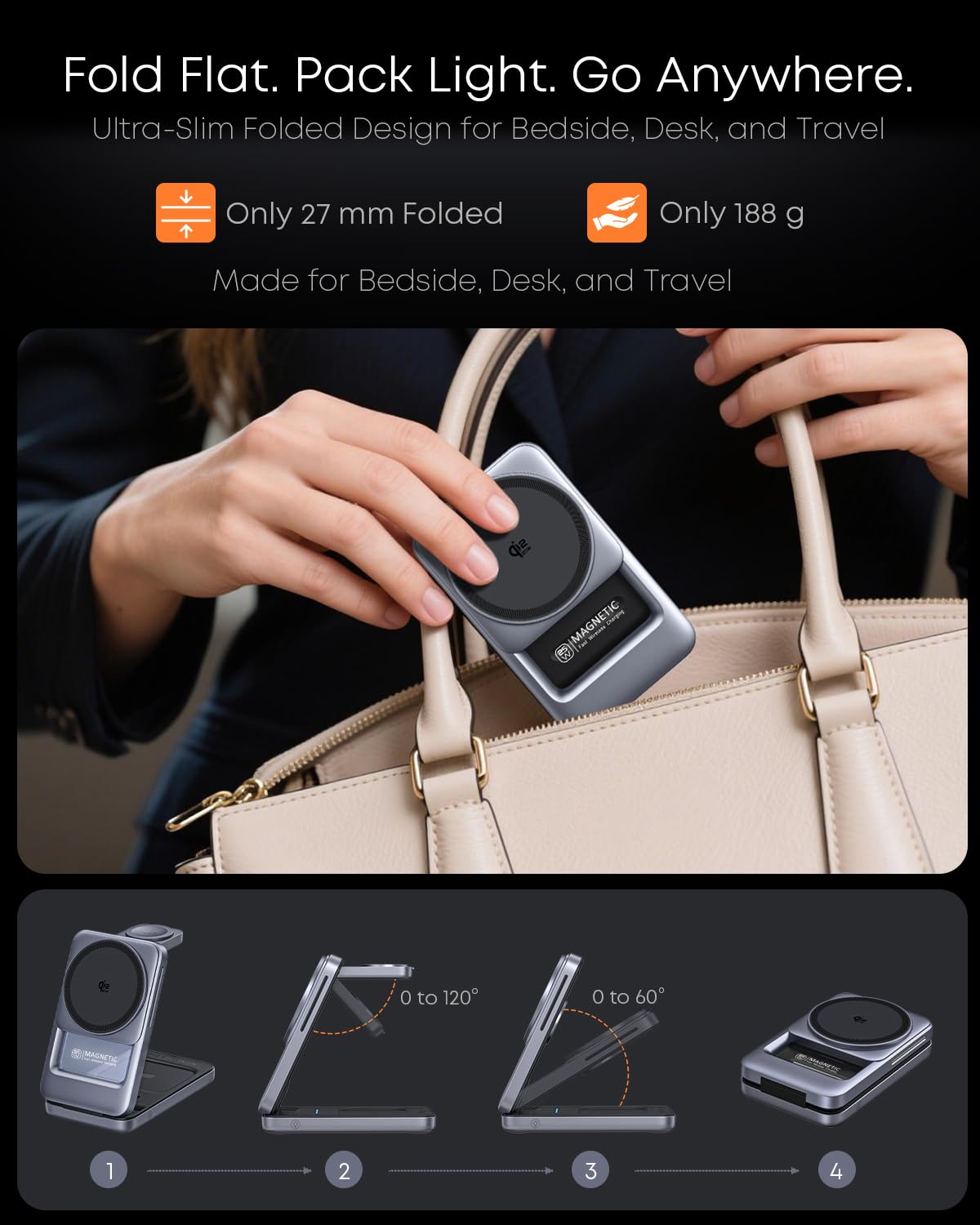 Qi2.2 25W 3-in-1 pieghevole caricatore senza fili magnetico per iPhone, luce notturna | Compatibile con iPhone 17/16/15/14/13/12, Apple Watch e AirPods, adattatore da 45 W + cavo 5A, custodia fino a 3 mm