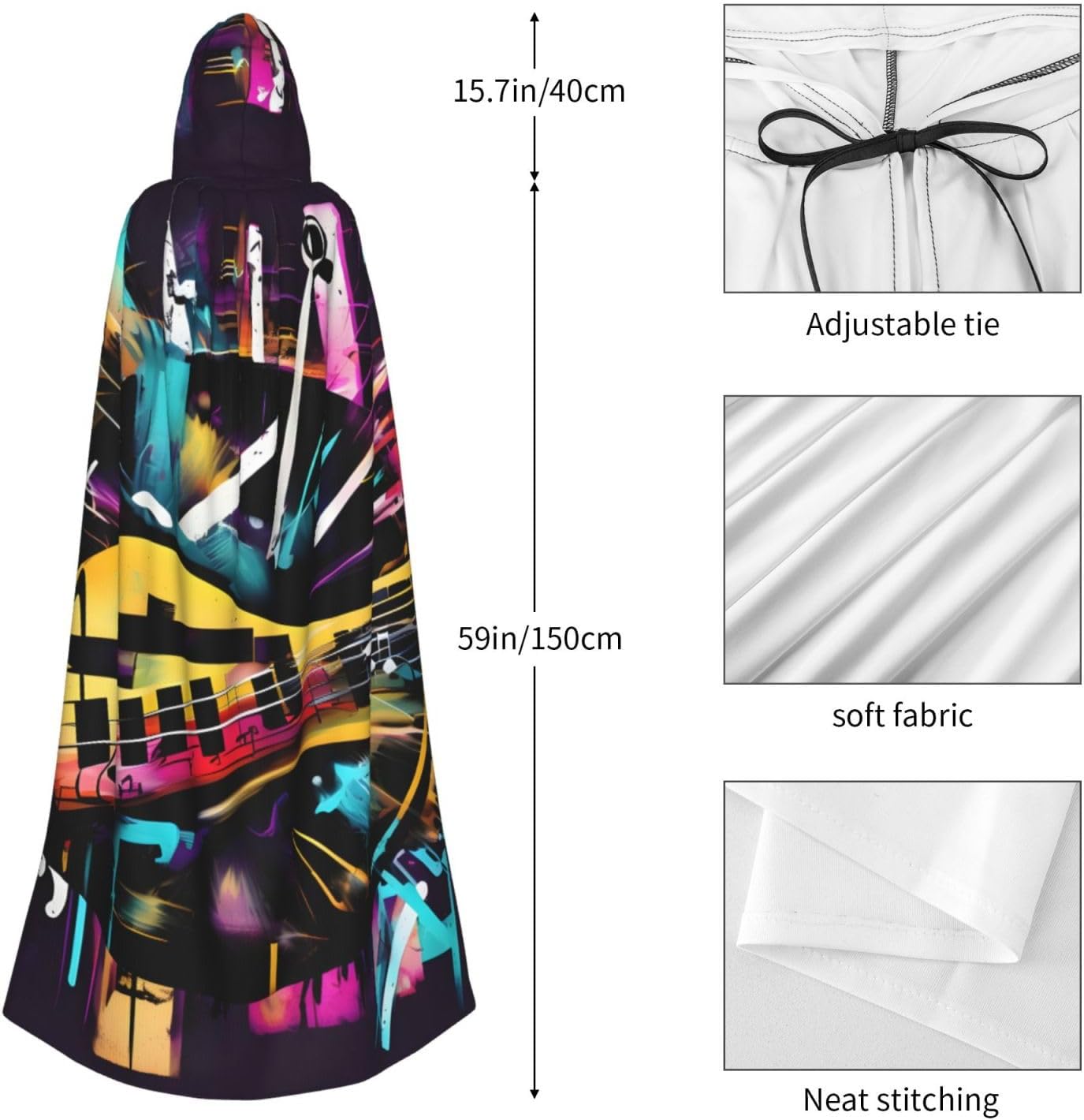 Music Graffiti Style print Halloween Hooded Robe Cloak for Adult Men Women Wizard Vampire Knight Fancy Cape Costume