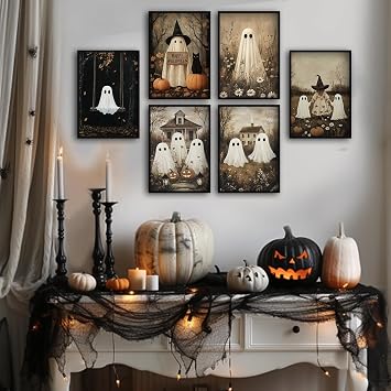 Halloween Ghost Wall Art Prints – Set of 6 Vintage Spooky Posters, Rustic Fall Home Décor with Pumpkins, Witch & Ghosts, Cosy Cute Halloween Aesthetic Pictures for Living Room & Bedroom (A4 Unframed)