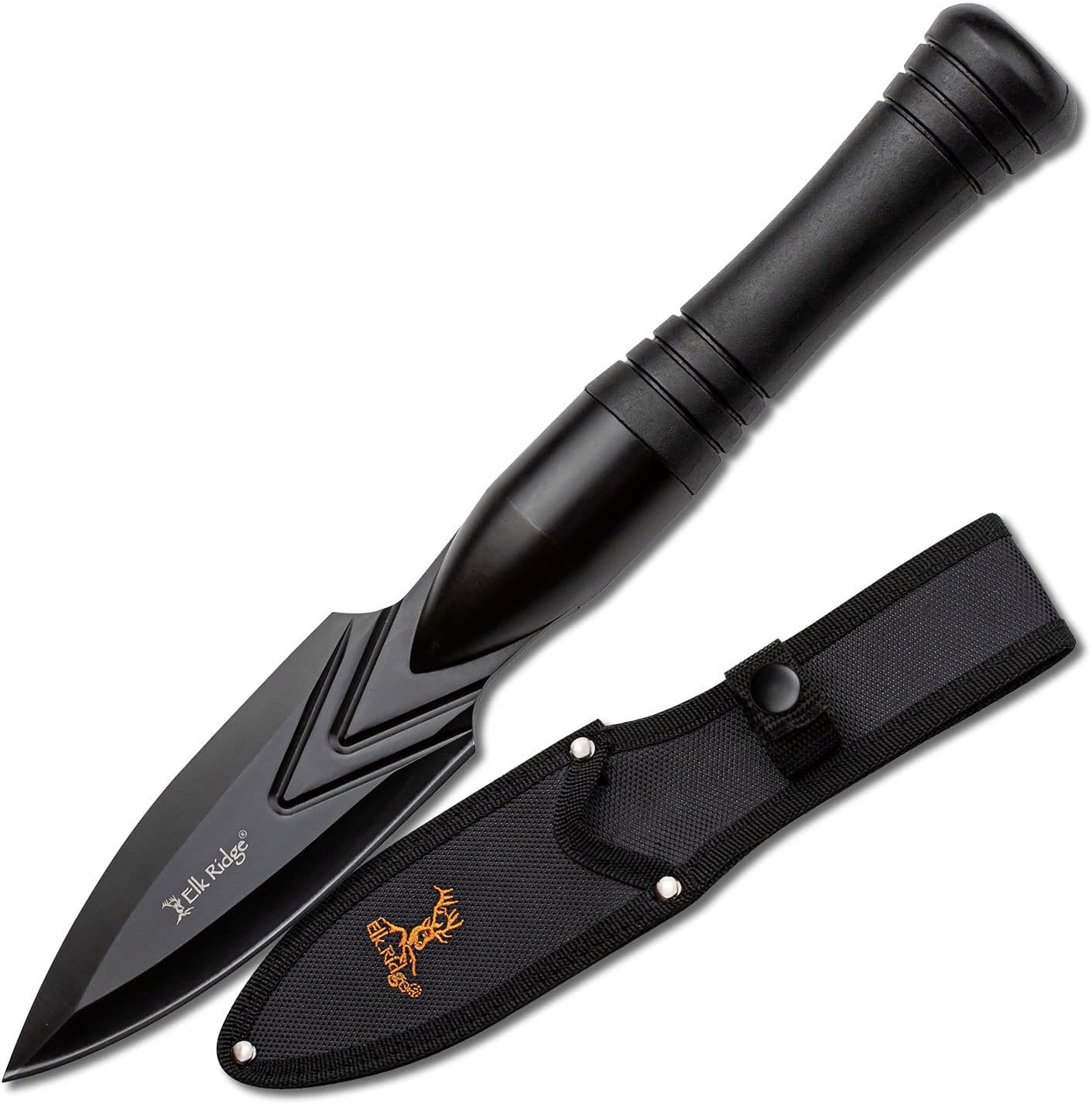 Elk Ridge - Outdoors - Spear – Spire, Black Fine Edge Spear Point Blade with Black Injection Molded Nylon Fiber Handle with Universal Thread for Broom Stick, Nylon Sheath– Spire, ER-SP002BK