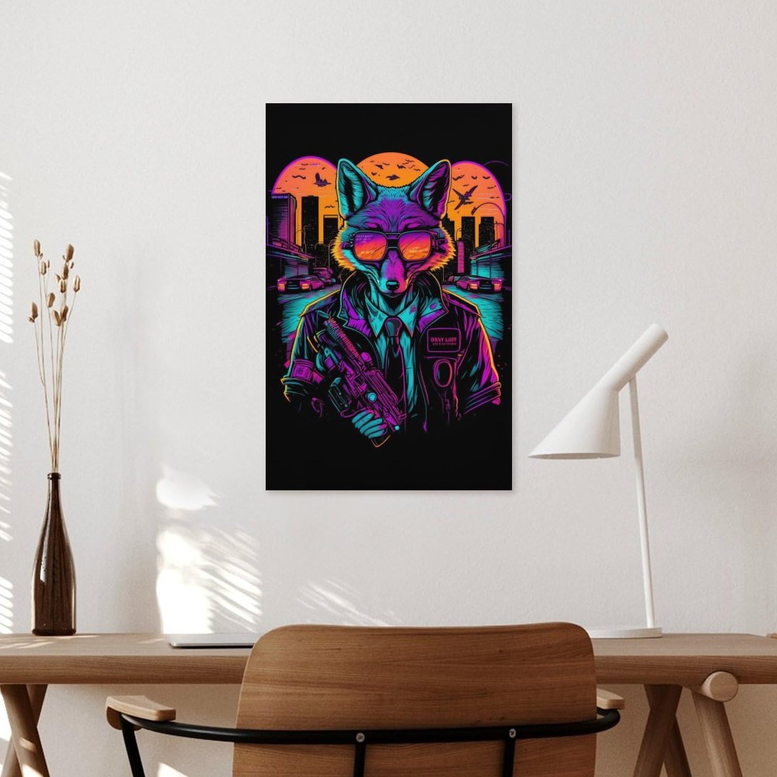 Junmoney Tableau Décoratif Avec Cyberfox in Neon Cityscape Pour Le Séjour Et La Chambre, Décoration Intérieure Pour La Maison, 16x24inch(40x60cm)