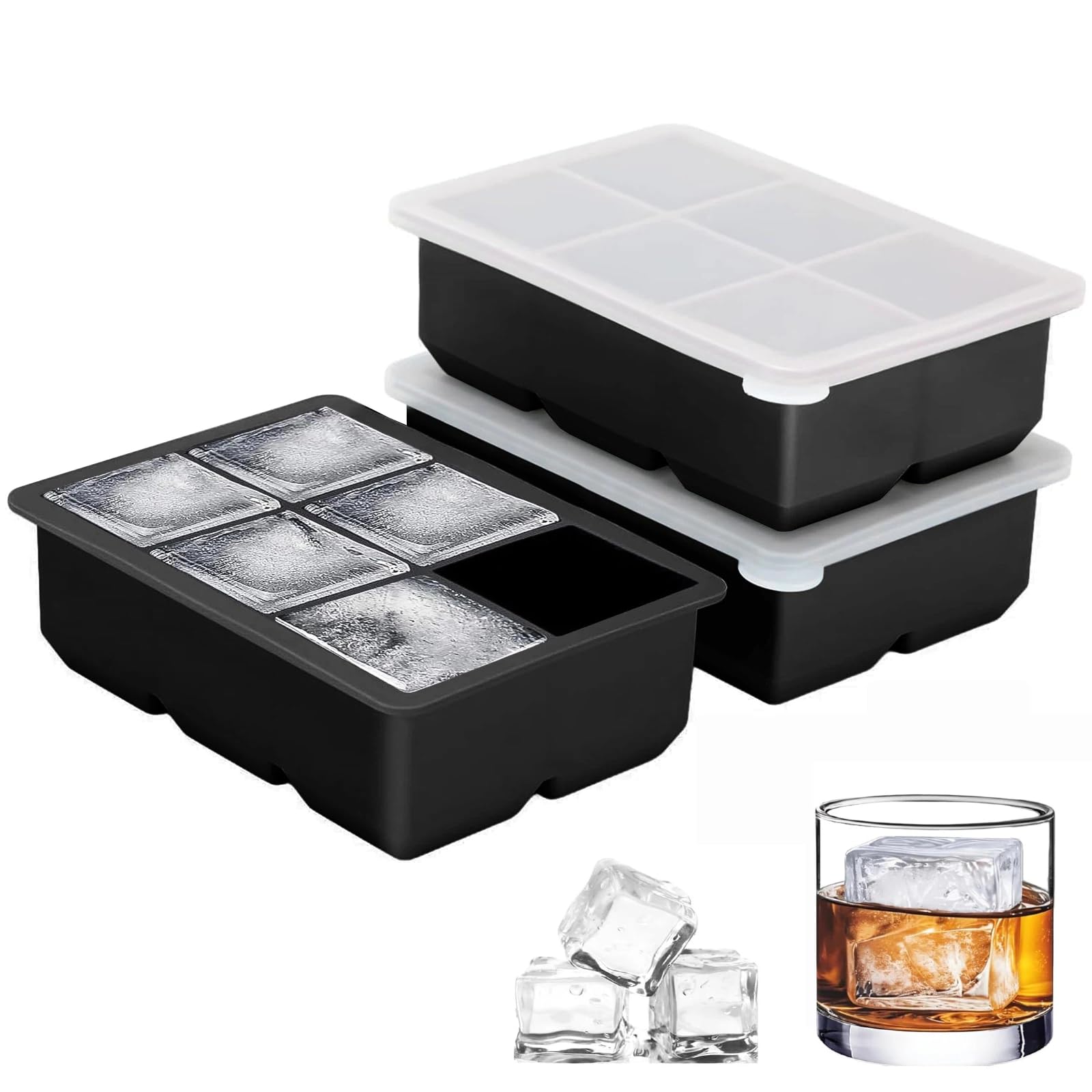3 Packs Ice Cube Tray with Lid, 18 Cubes Ice Cube Trays, Silicone Ice Cube Trays Reusable and BPA Free for Whiskey, Cocktail, Drinks, Freezer, Souper (Black)