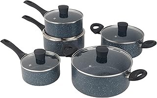 Russell Hobbs RH02818EU7 Pan Set - 5 Piece Non-Stick Kitchen Cookware, 16/18/20cm Saucepans, 20/24cm Stockpots, Tempered Glass Lids, Soft-Touch Handles, Easy Clean, Blue Marble, Nightfall Stone