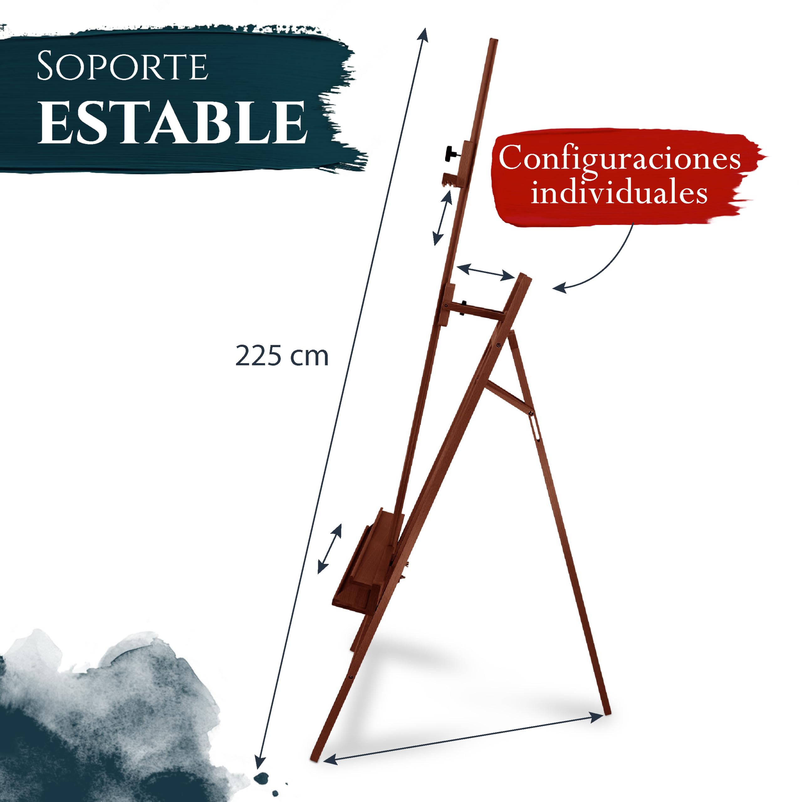 Artina caballete madera pintura profesional FSC® con doble soporte altura | bastidores con 120cm - 225cm ajustable para pintar lienzos grande Caballetes plegable bastidor pie atril oleo Barcelona