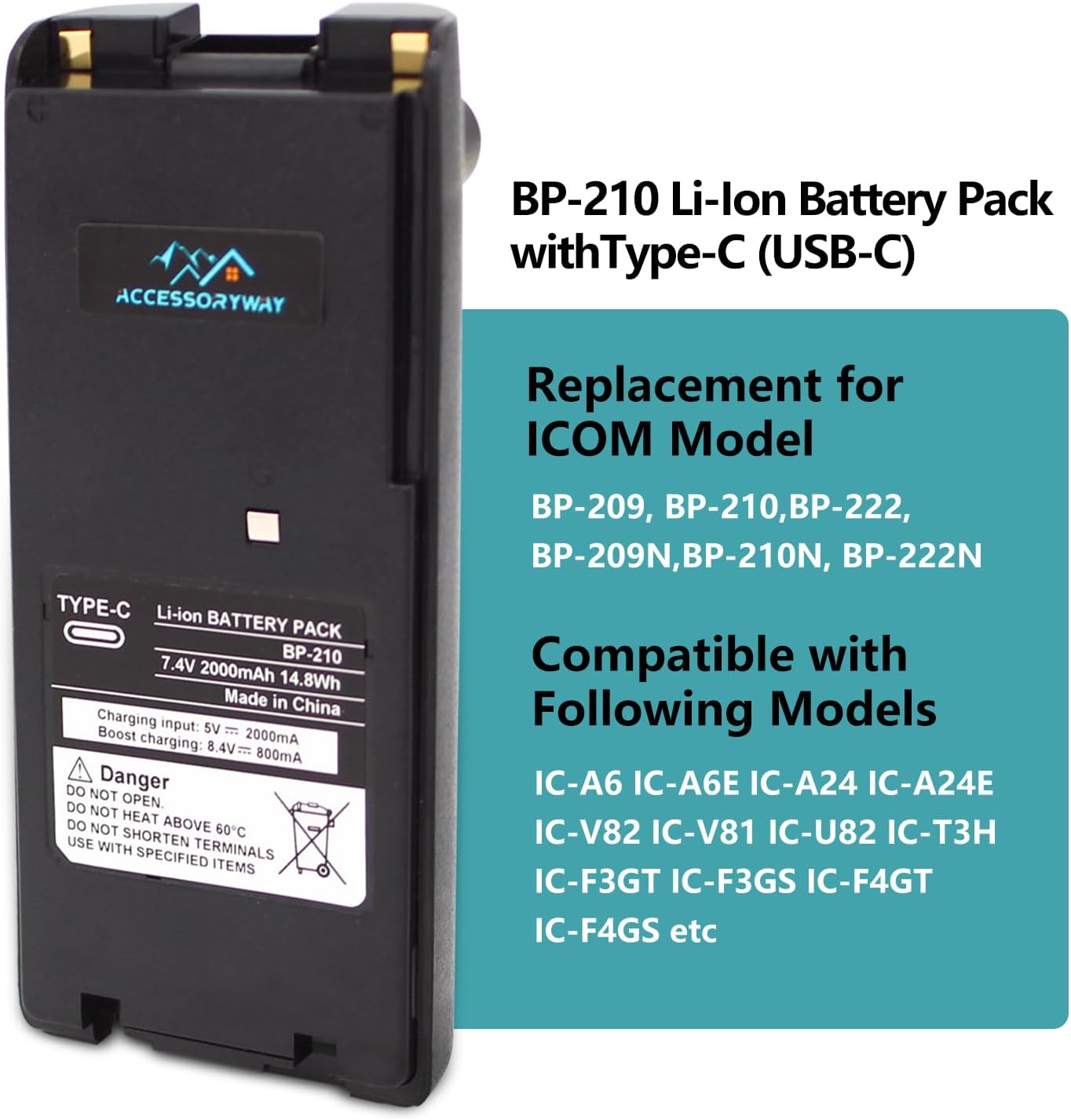 1PC BP-210 BP-210N BP-209N 2000mAh Type-C USB-C Replacement battery Compatible with ICOM IC-A6 IC-A6E IC-A24 IC-A24E IC-V82 IC-V81 IC-U82 IC-T3H IC-F3GT IC-F3GS IC-F4GT IC-F4GS Two Way Radio
