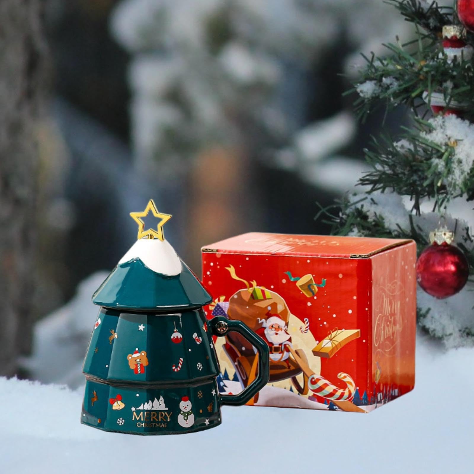 Tasse de Noël En Céramique, Verre Céramique, Cadeau D'anniversaire Décoratif, Verre Unique avec Couvercle, Cadeau de Vacances, Tasse de, Vert
