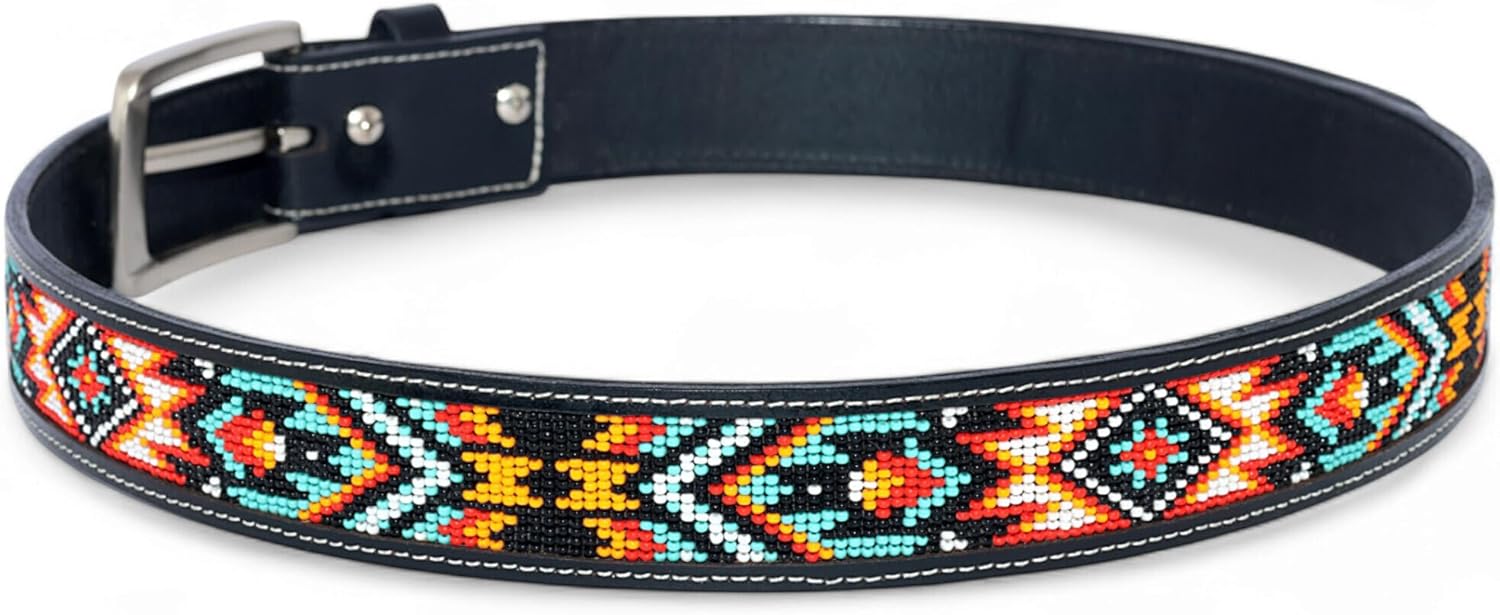 Unisex Genuine Leather Beaded Belt, Removable Buckle Cowboy Gift Belt 1.3" Wide