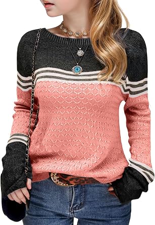 Seiciviy Girls Winter Sweaters Long Sleeve Round Neck Color Block Striped Casual Loose Lightweight Fall Spring Cozy Tops