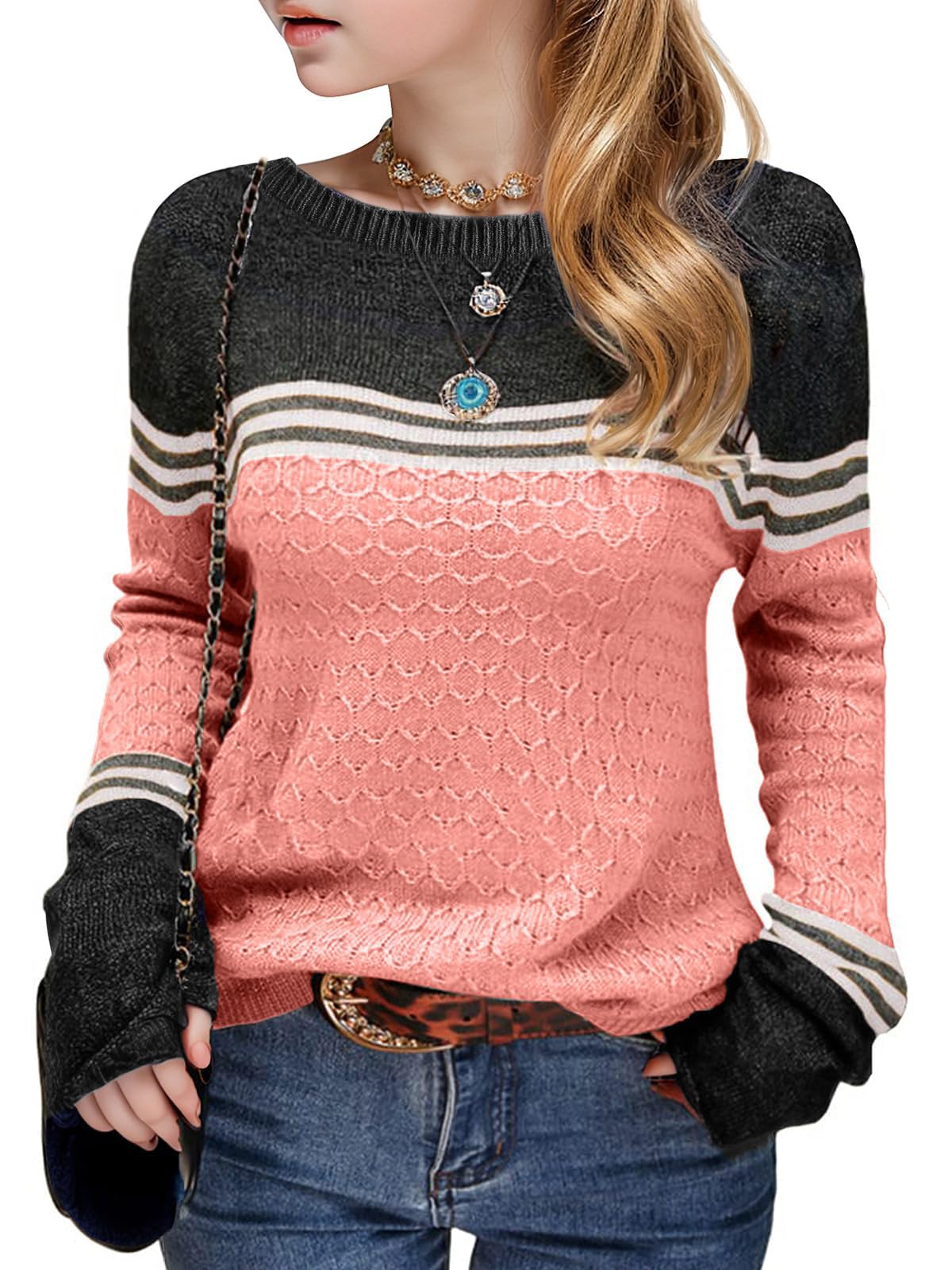 Seiciviy Girls Winter Sweaters Long Sleeve Round Neck Color Block Striped Casual Loose Lightweight Fall Spring Cozy Tops
