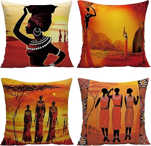 GALMAXS7 Juego de 4 fundas de almohada de 18 x 18 pulgadas, fundas de almohada decorativas de arte africano, étnico, tribal, dama, pintura,