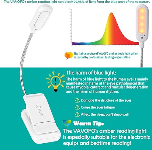 Miniatura 3 de VAVOFO Luz de lectura recargable con clip, 7 LED con 3 temperaturas de color, 9 niveles de brillo, luces de libro para leer en la cama con indicador
