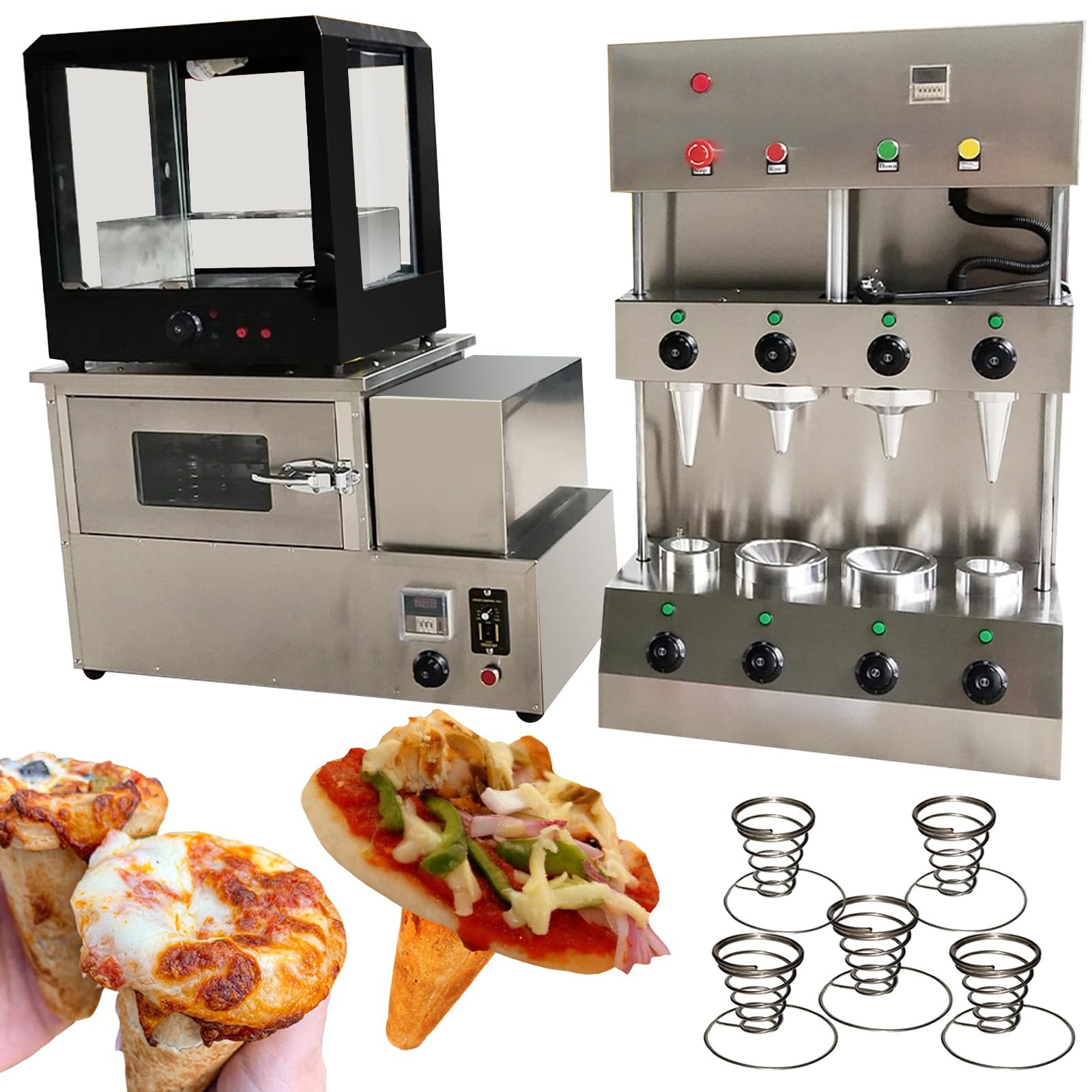 TXMACHINE® Pizza cone machine 4 cone maker with pizza oven,display warmer,pizza cone making machine,4 shapes (2 cone+2 umbrella maker+oven+warmer, 220V/50HZ)