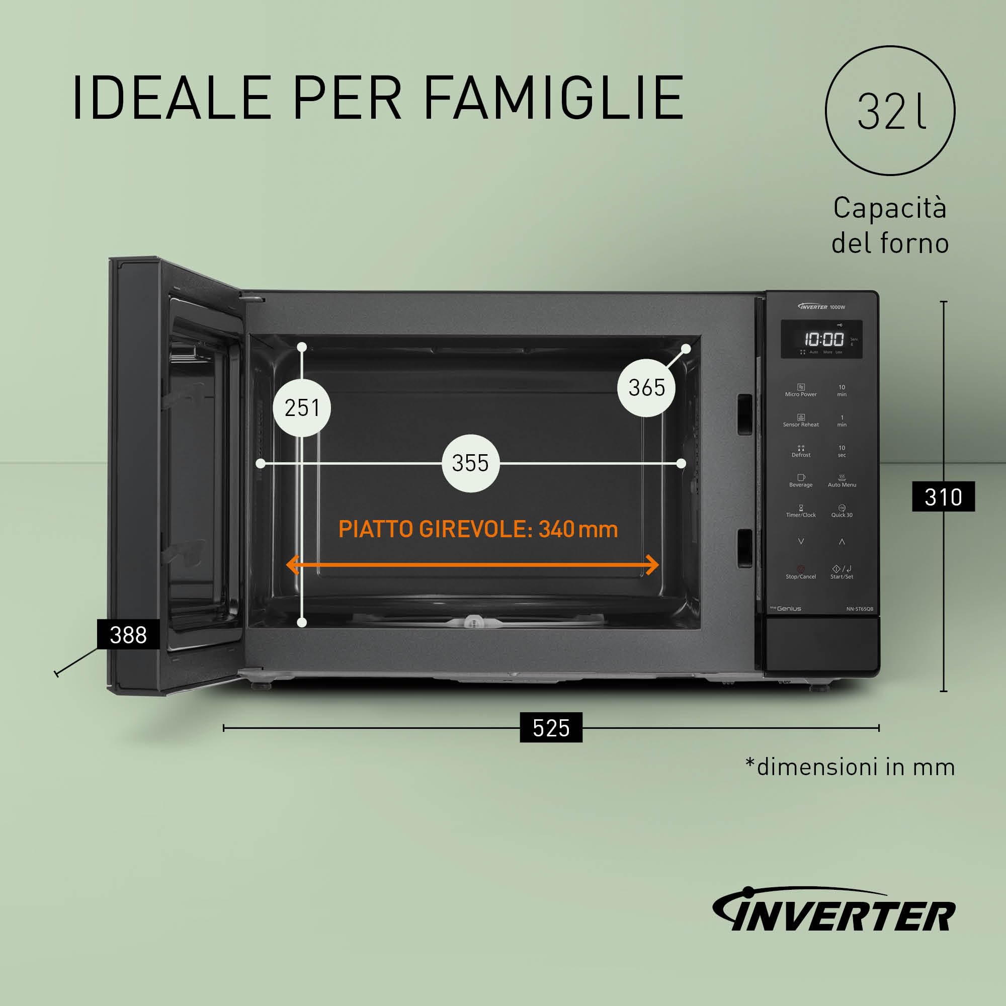 Panasonic NN-ST65QBEPG Microonde Solo Inverter 32L, 1000 Watt Potenza, Tecnologia Genius Sensor, 20 Programmi Auto, Funzione Quick 30, Controllo Touch, Grande Piatto Girevole, Nero