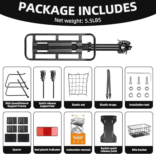 Miniatura 7 de Rear Bike Rack with Basket, Full Quick Release Bike RearCargoLuggage Rack with Cargo Net & Straps, Bicycle Basket Rear for Most Bikes and E-Bike,