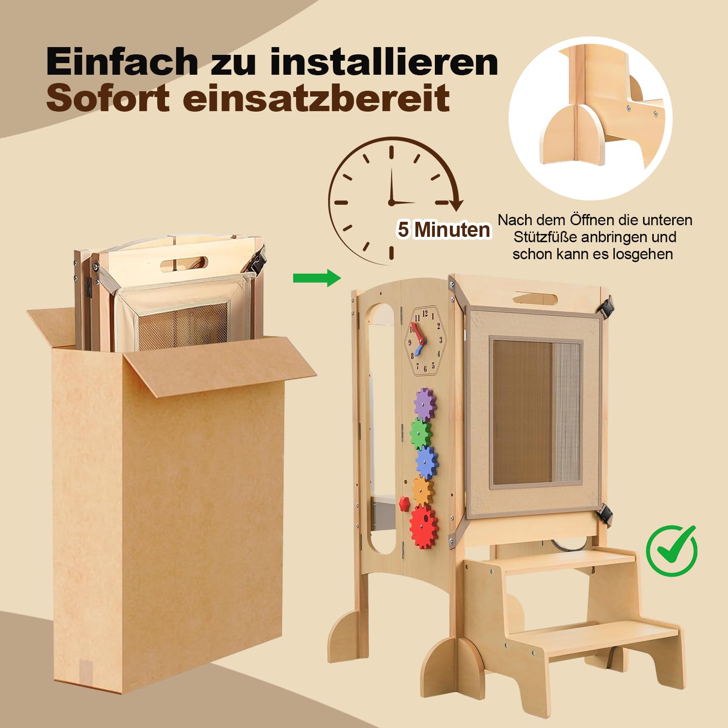 Montessoriana Torre di Apprendimento Pieghevole, Torre di Apprendimento per Bambini, Preassemblato/Salvaspazio, Altezza Regolabile Poggiapiedi Legno, Lavagna, Rete di Sicurezza, Protezione