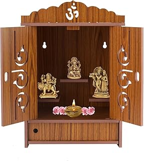 Handmade Wooden Home Temple with Doors and Storage Box | Pooja Mandir | Wall Hanging Temple | Mandir for Home and Office, 71.1 Cm
