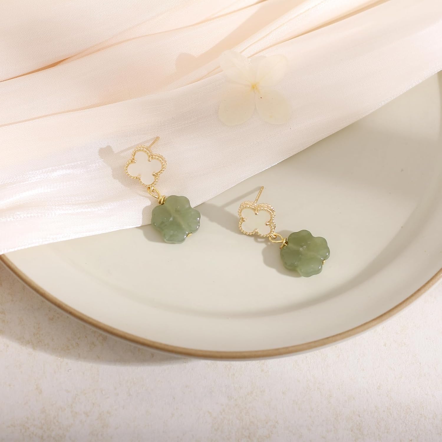 Green Natural Jade Earrings, Four Leaf Clover Jade Earrings for Women, Jade Jewelry for Women Lucky Gifts for Girls Women (925 Sterling Silver with Gold Plated)