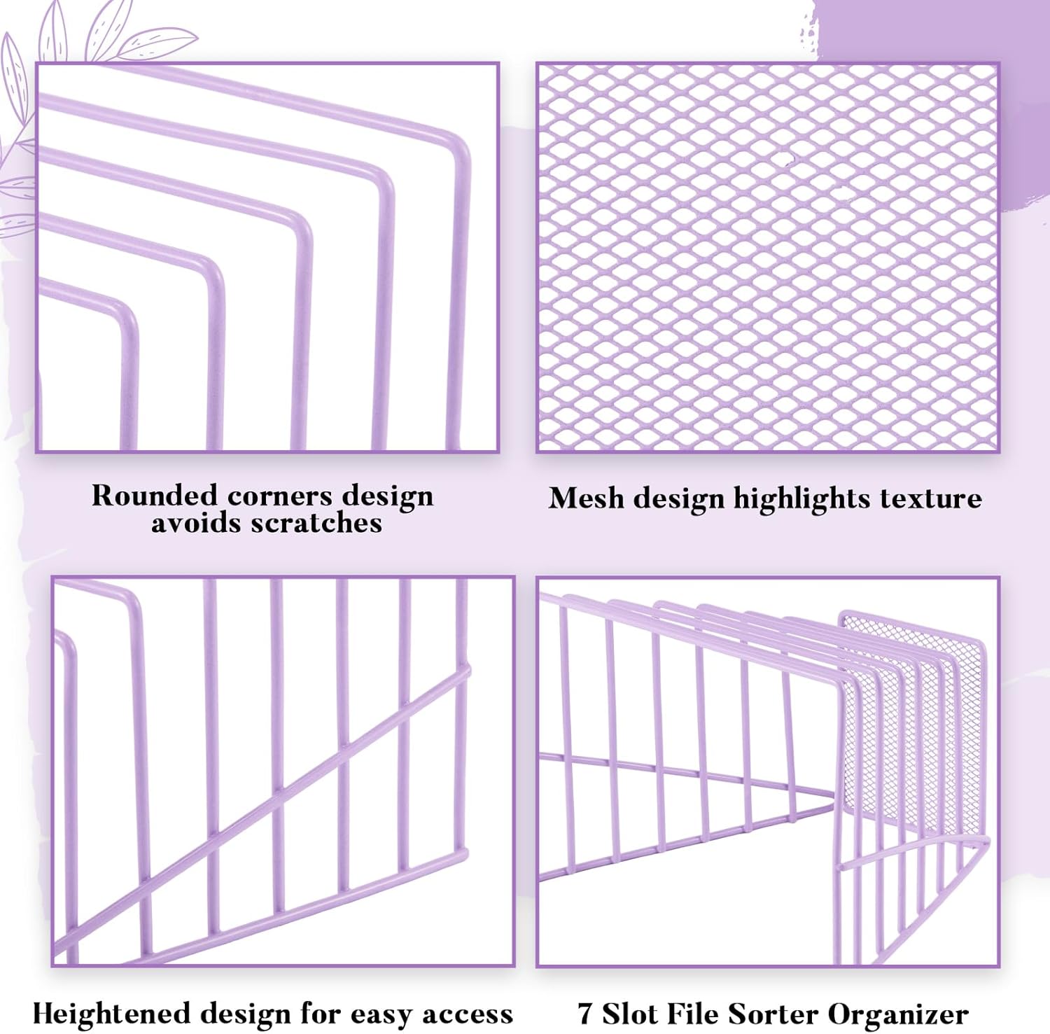 2 Pcs 7 Section Wire File Organizer for Desk, Metal Mesh Incline File Holder, Letter & Magazine Folder Rack, Desktop Paper Sorter for Home Office School (Purple)