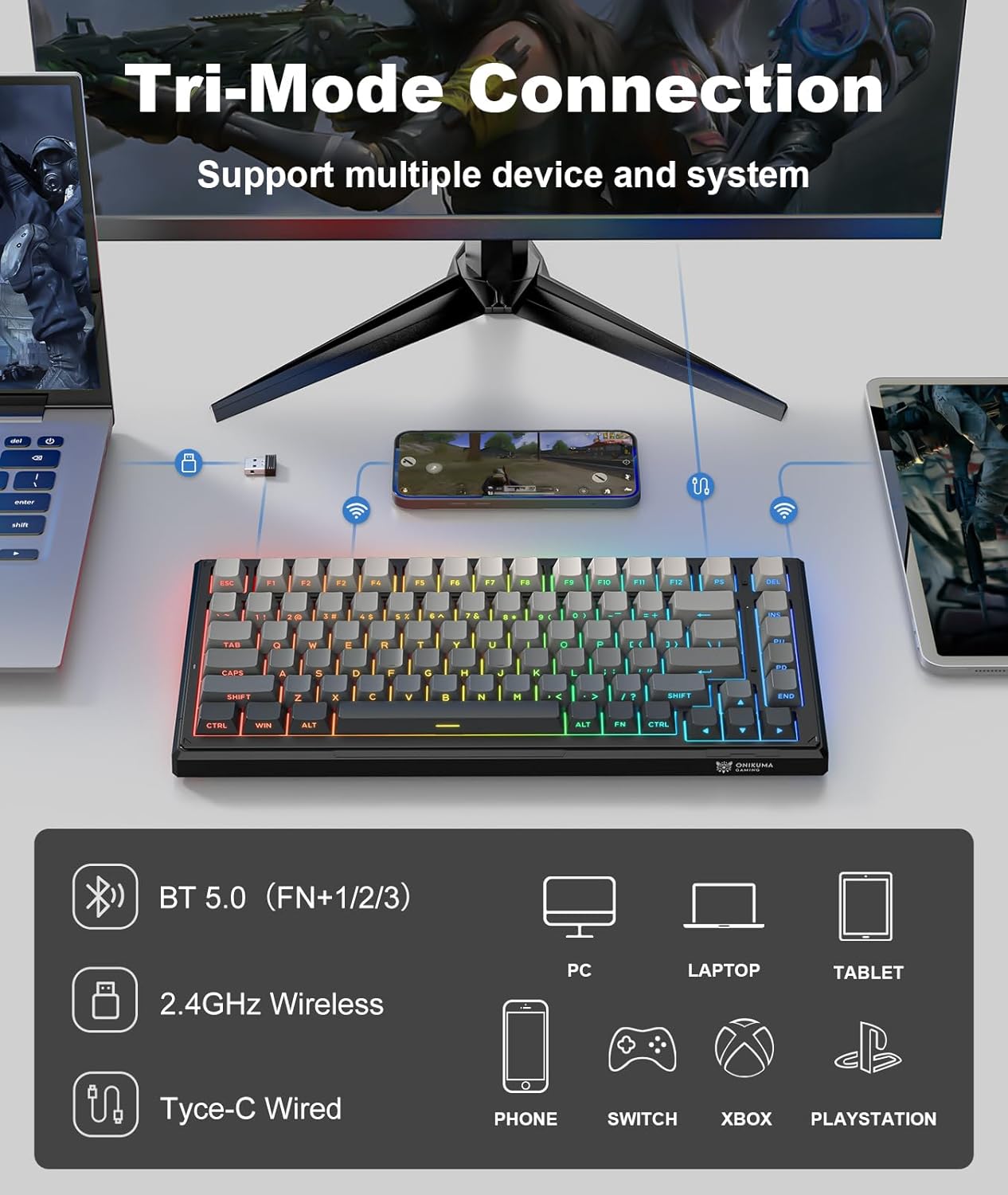 Wireless Gaming Keyboards Gasket Mechanical Keyboard,8000mAh -Tri-Mode BT5.0/2.4GHz/USB-C ｜75% Hot Swappable Custom Keyboard｜RGB Backlit｜Pre-lubed Reaper Switches｜Side Printed PBT Keycaps(Black Gray)