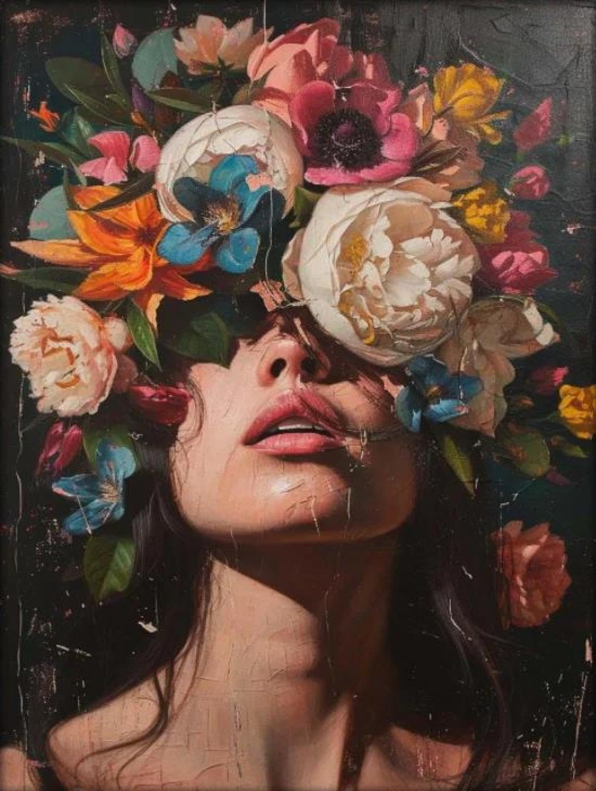 Yocheng Floral Portrait Female Poster Print Abstract Luxury Floral Face Art Canvas Painting Living Room Home Decor 40x50cm No Frame