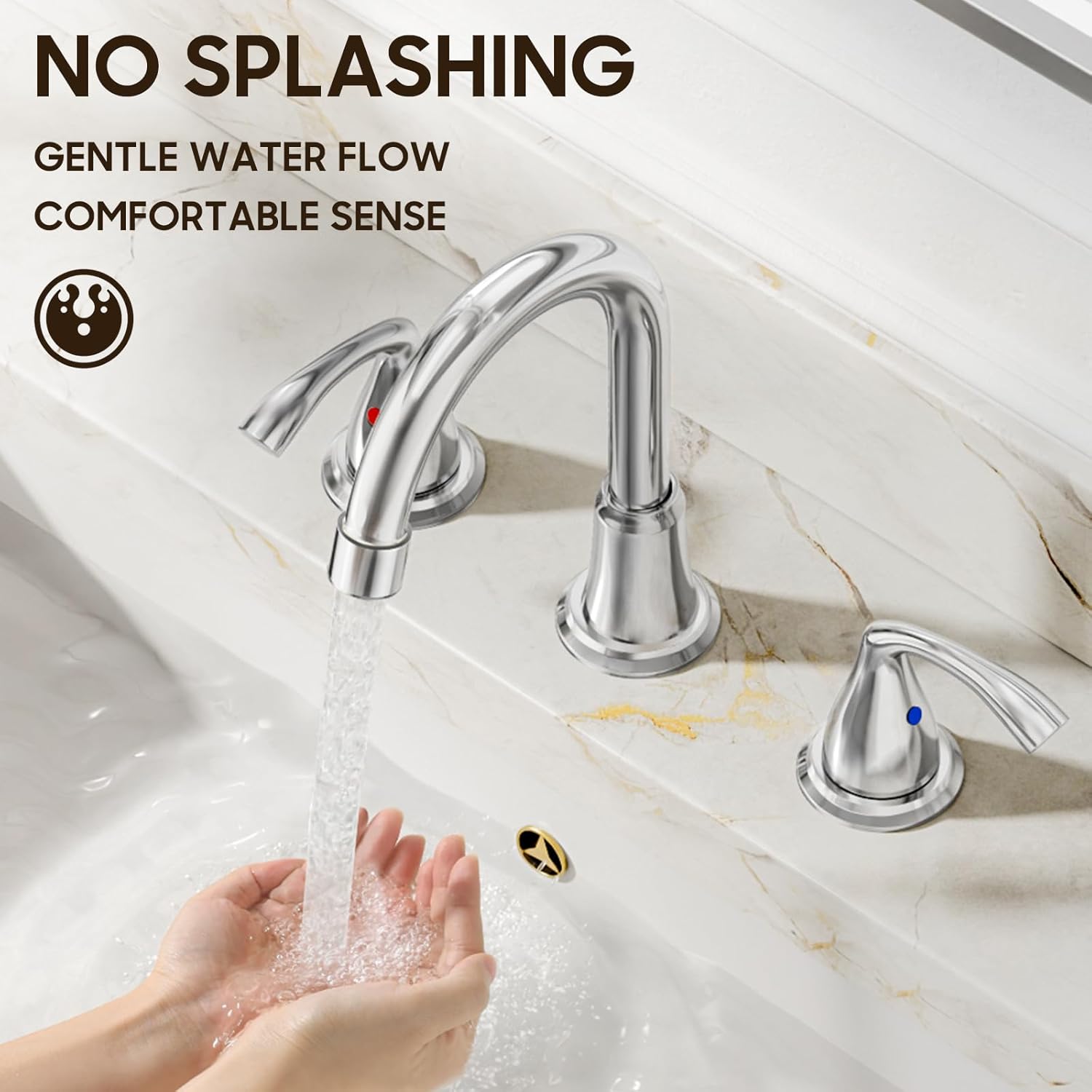 Phiestina 8 Inch Widespread Chrome Bathroom Sink Faucet, 2 Handle 3 Hole Bathroom Faucet with Metal Pop up Drain and Water Supply Lines, WFJC180-C