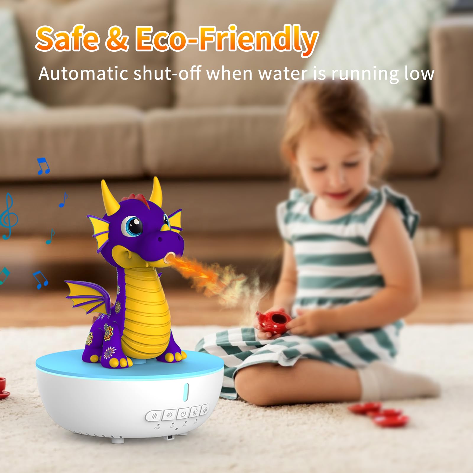 Aroma Diffuser Kinder Drache, 200ml Ultraschall Luftbefeuchter mit Flammen-Effekt, Timer & Fernbedienung, White Noise Einschlafhilfe, 7 Farben Licht, Duftzerstäuber für Ätherische Öle & Schlafzimmer