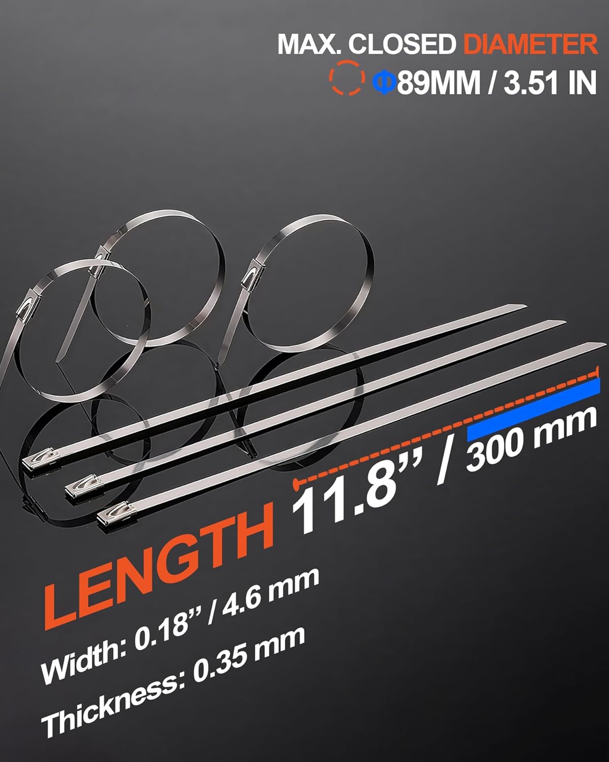 Metal Zip Ties & Cable Tie Gun Set, 100PCS 11.8 Inch 304 Stainless Steel Heavy Duty Self-locking Zip Ties & Stainless Steel Tie Gun for Exhaust Wrap, Fences, Pipes, Chain Links